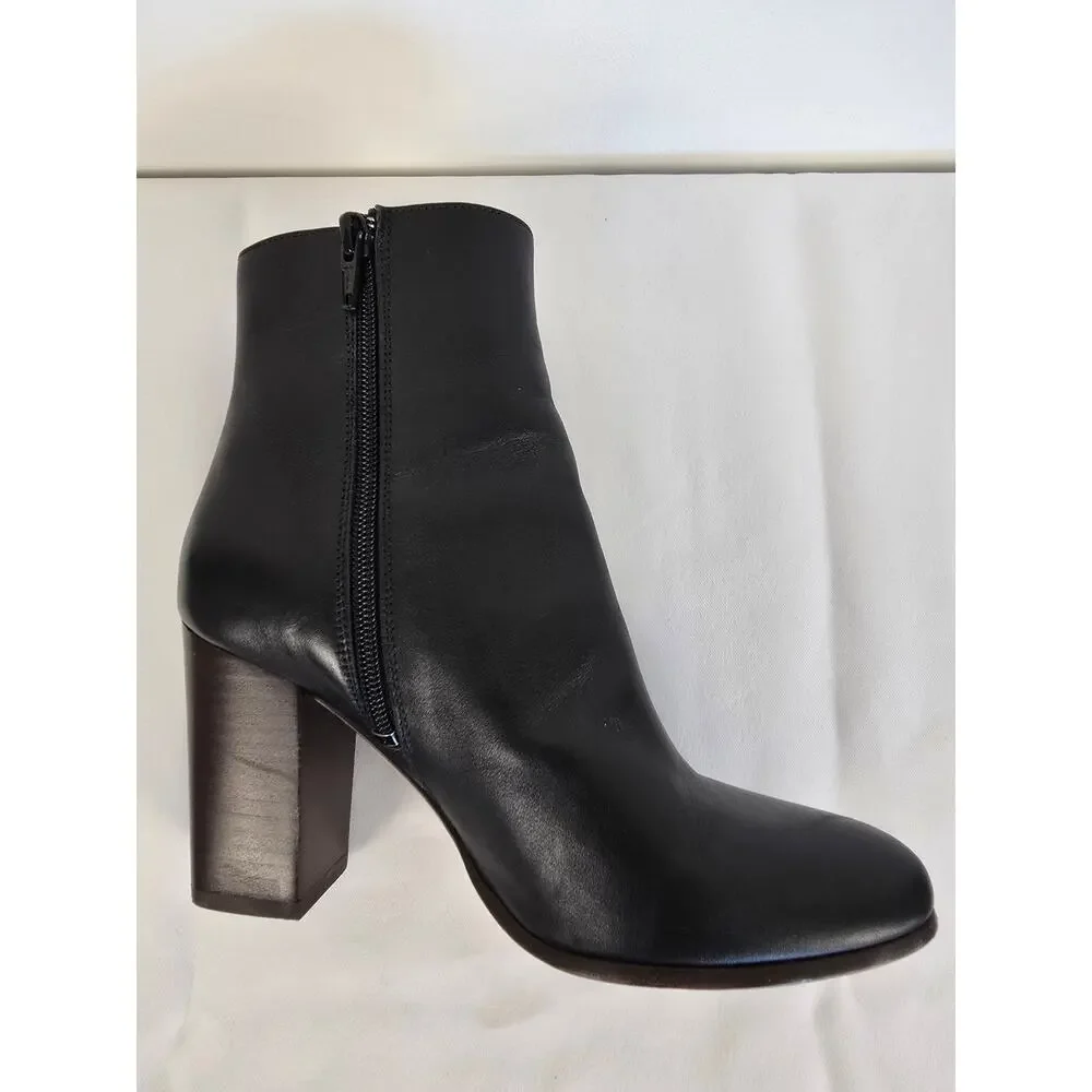 Maje Black Leather Ankle Booties Block Heel Minimal Size 36 US 6